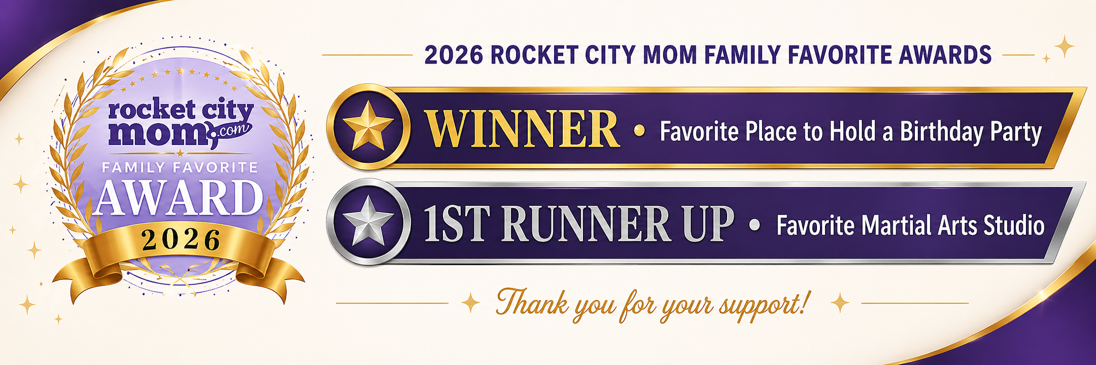 2026 Rocket City Mom Family Favorite Awards — Winner: Favorite Place to Hold a Birthday Party · 1st Runner Up: Favorite Martial Arts Studio